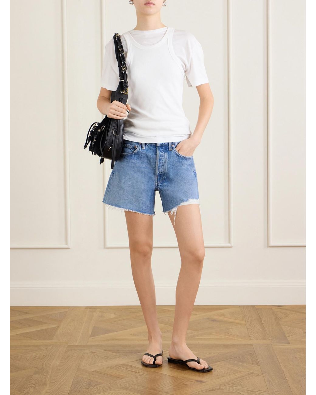 Agolde Blue Parker Long Distressed Denim Shorts