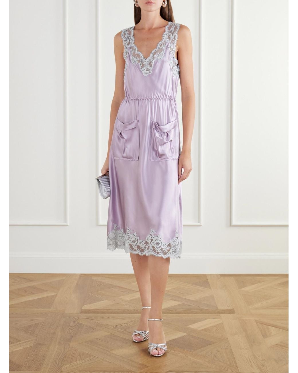 Rabanne Pink Lace-Trimmed Satin Midi Dress
