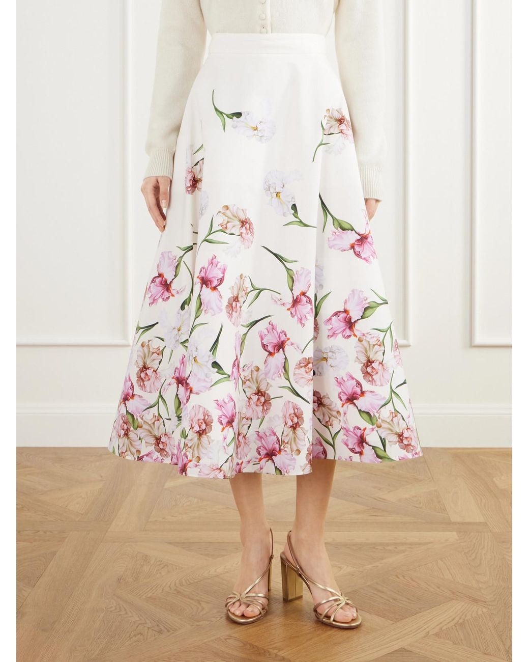 Oscar de la Renta Natural Floral-Print Cotton-Blend Poplin Midi Skirt