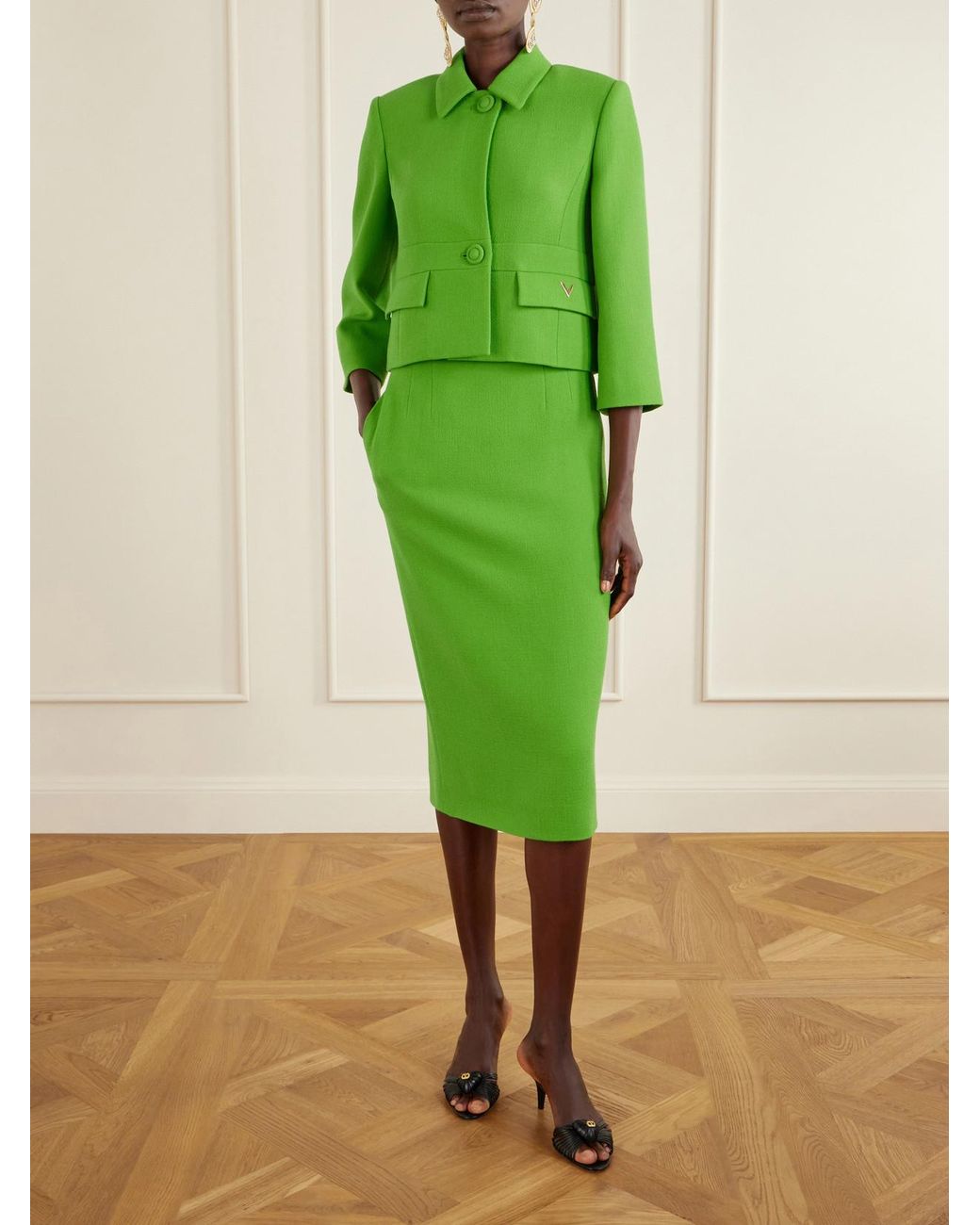 Valentino Garavani Green Wool-Crepe Midi Skirt