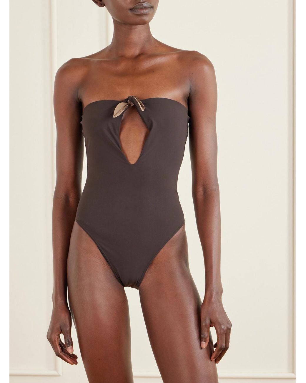 Saint Laurent Brown Bow-Detailed Strapless Swimsuit