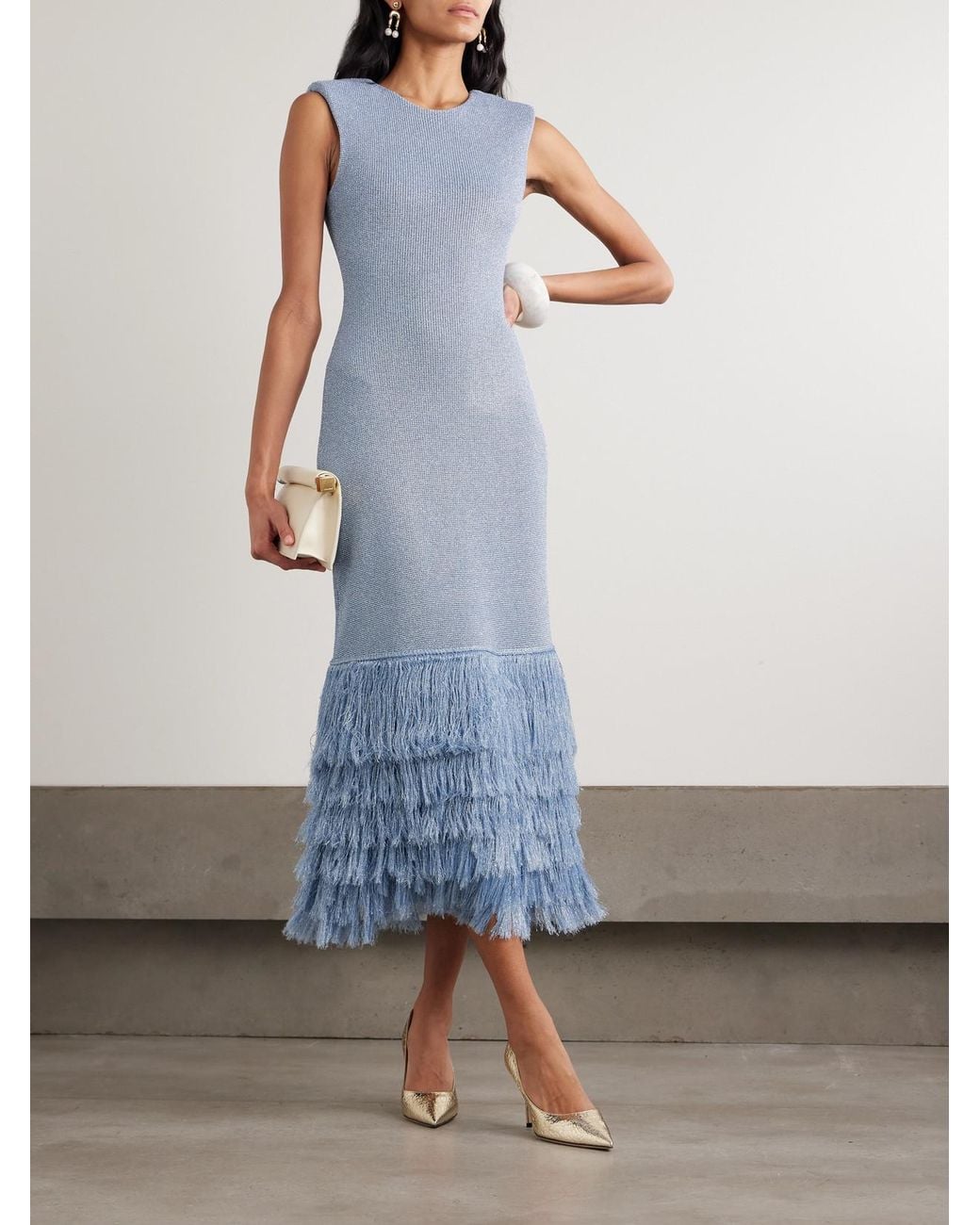 aje breeze knit dress Aje. Fringed Metallic Knitted Midi in Blue pagan designs