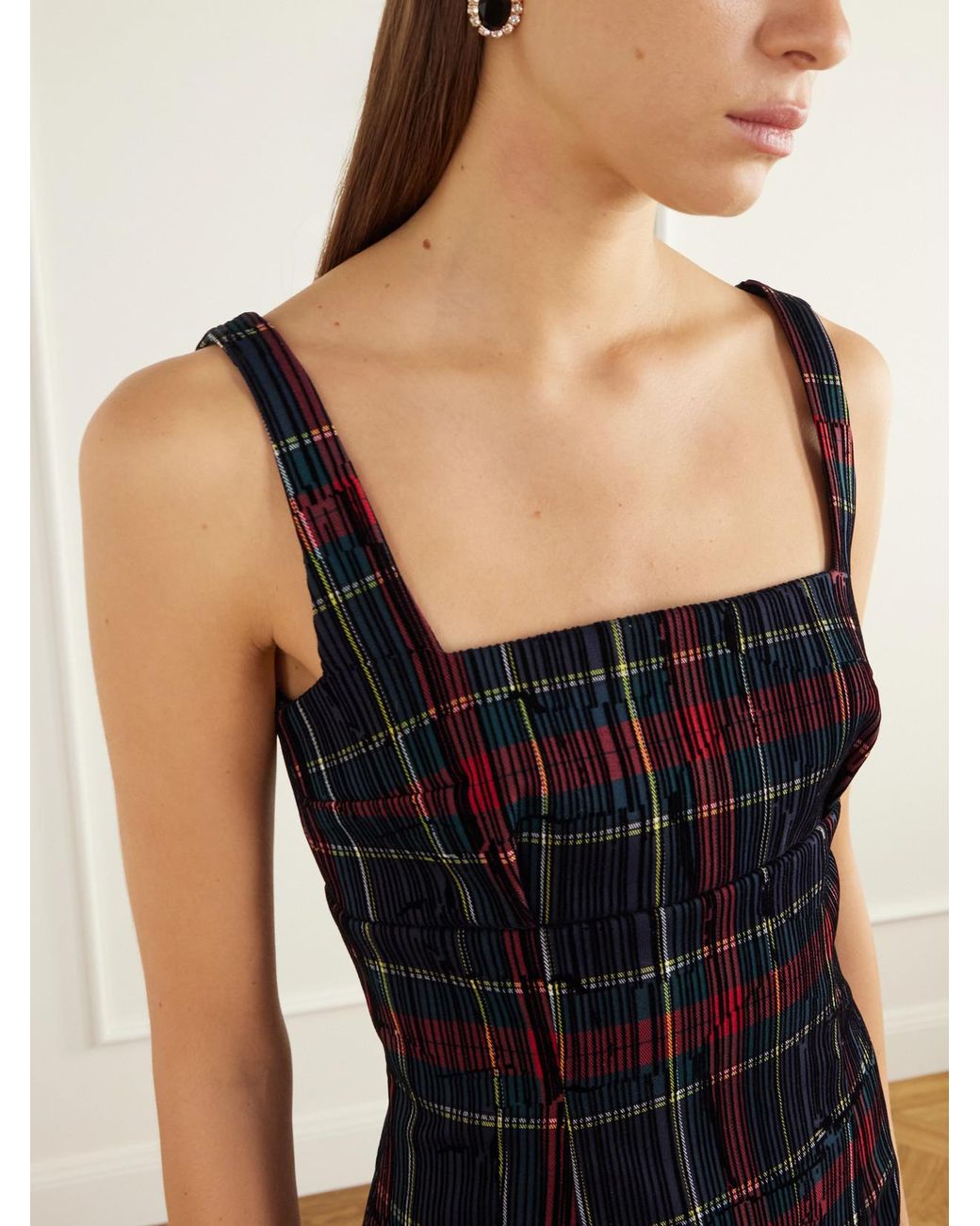 Emilia Wickstead Blue Micheline Checked Flocked Velvet-Trimmed Gabardine Maxi Dress