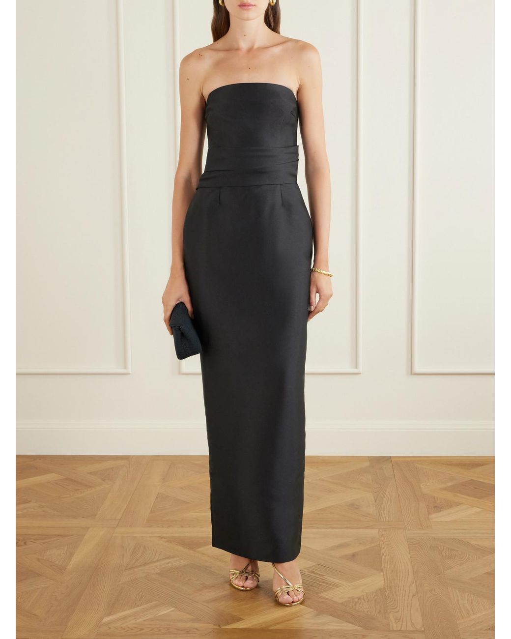 Solace London Black Ingrid Pleated Satin-Twill Gown