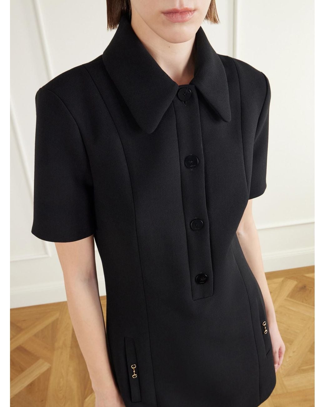 Gucci Black Horsebit-Embellished Wool-Crepe Mini Dress