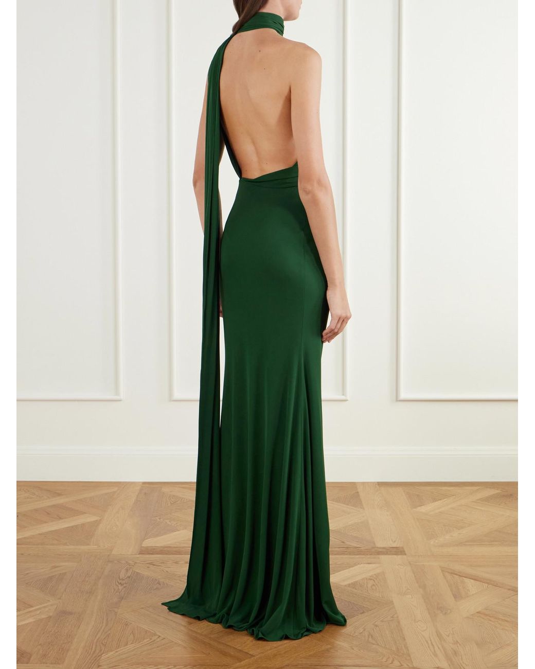 Alex Perry Green Scarf-Detailed One-Shoulder Ruched Jersey Gown