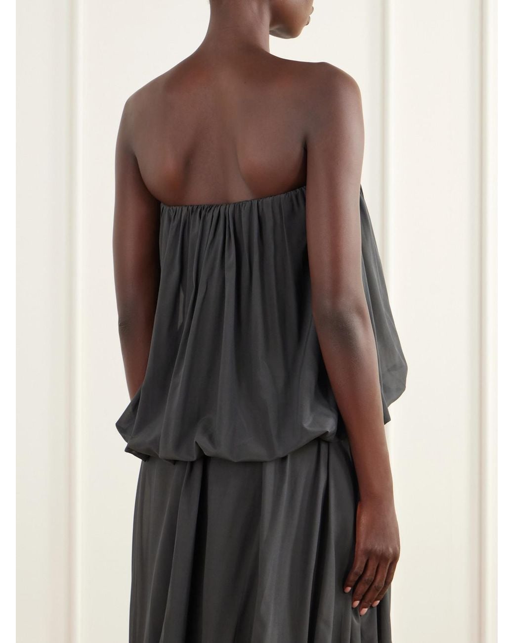 St. Agni Black Balloon Strapless Gathered Chiffon Top