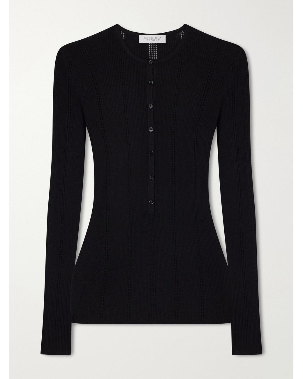 Gabriela Hearst Black Olea Ribbed Pointelle-Knit Wool Henley Top
