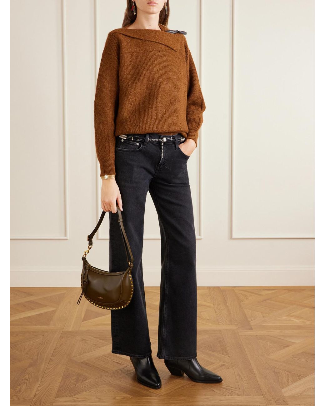 Isabel Marant White Oskan Moon Studded Leather Shoulder Bag