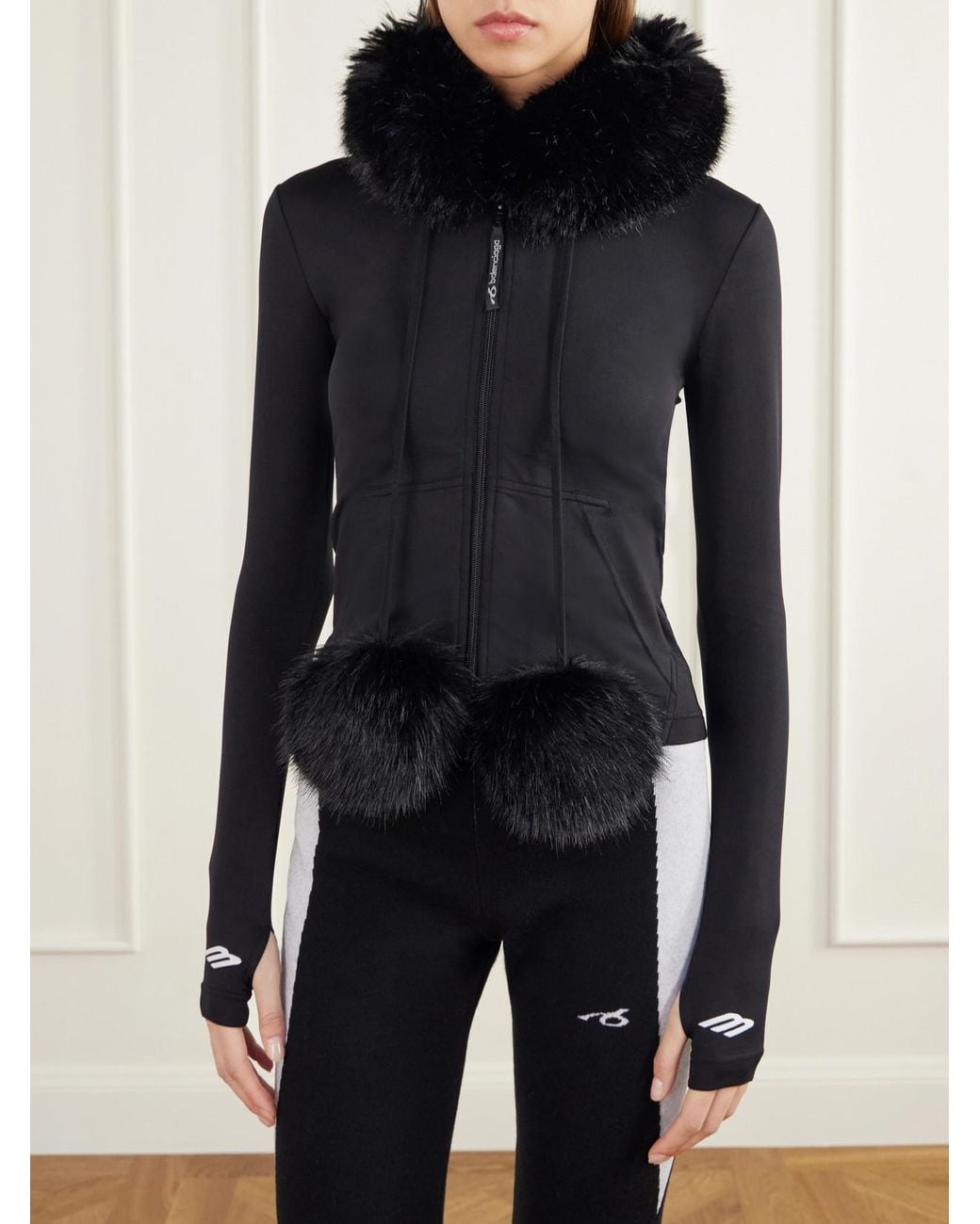 Balenciaga Black Plush-Trimmed Stretch-Jersey Hoodie