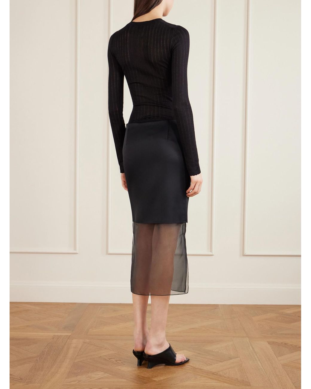 Khaite Black Sybil Layered Frayed Satin-Crepe And Organza Midi Skirt