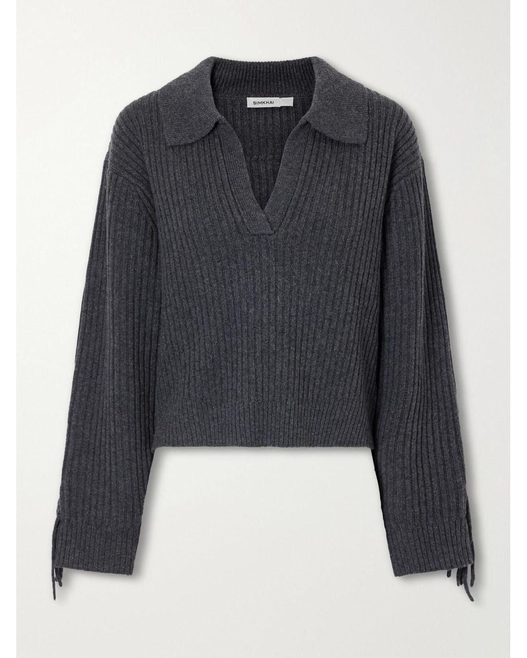 Jonathan Simkhai Blue Natalia Fringed Ribbed Wool And Recycled Cashmere-Blend Polo Sweater