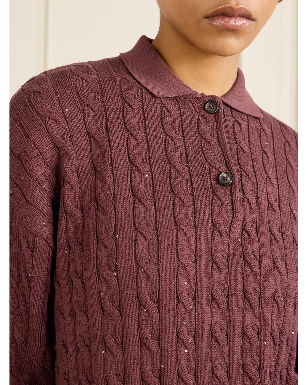 Brunello Cucinelli Red Sequined Cable-Knit Cotton-Blend Sweater