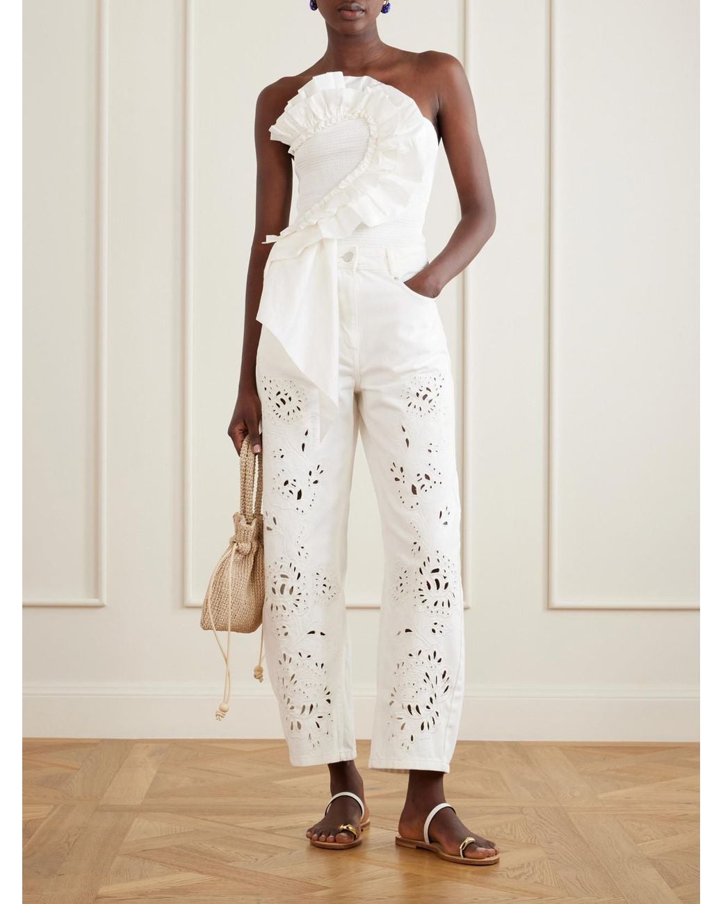 Farm Rio White Richelieu Broderie Anglaise-Trimmed Mid-Rise Straight-Leg Jeans