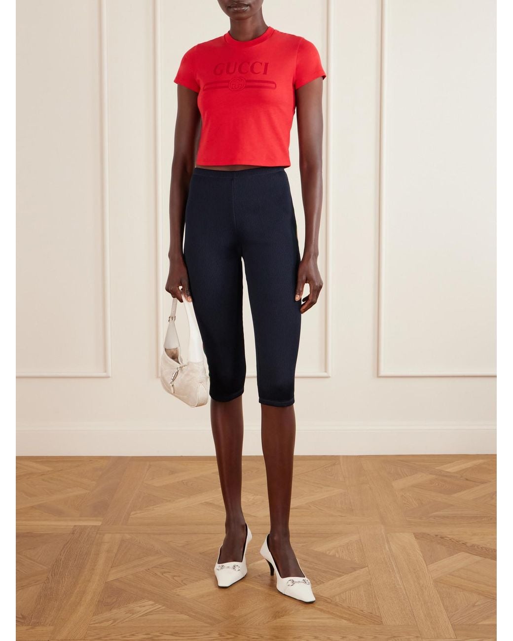 Gucci Red Logo-Print Cropped Cotton-Blend T-Shirt