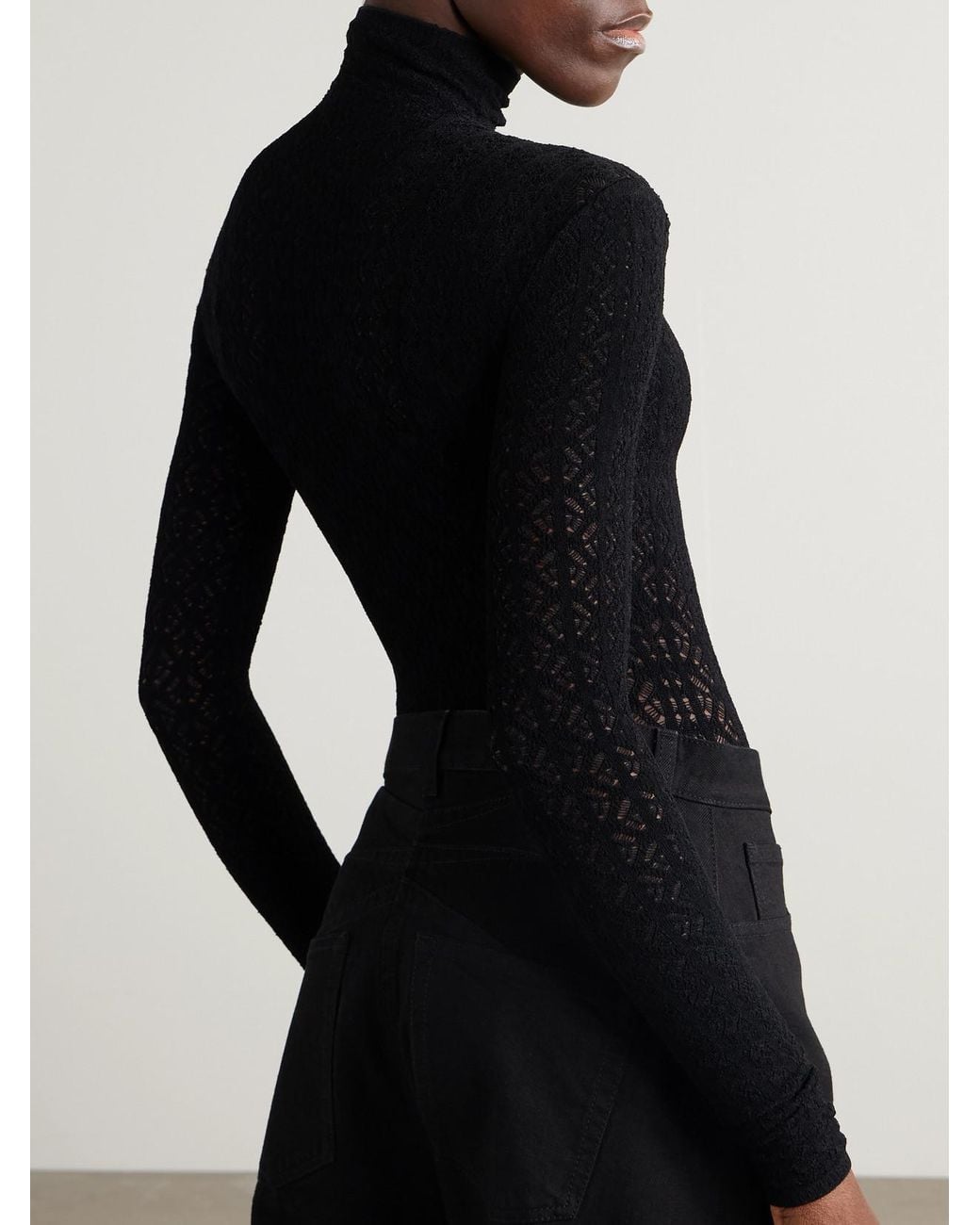 Alaïa Black Open-Knit Turtleneck Bodysuit