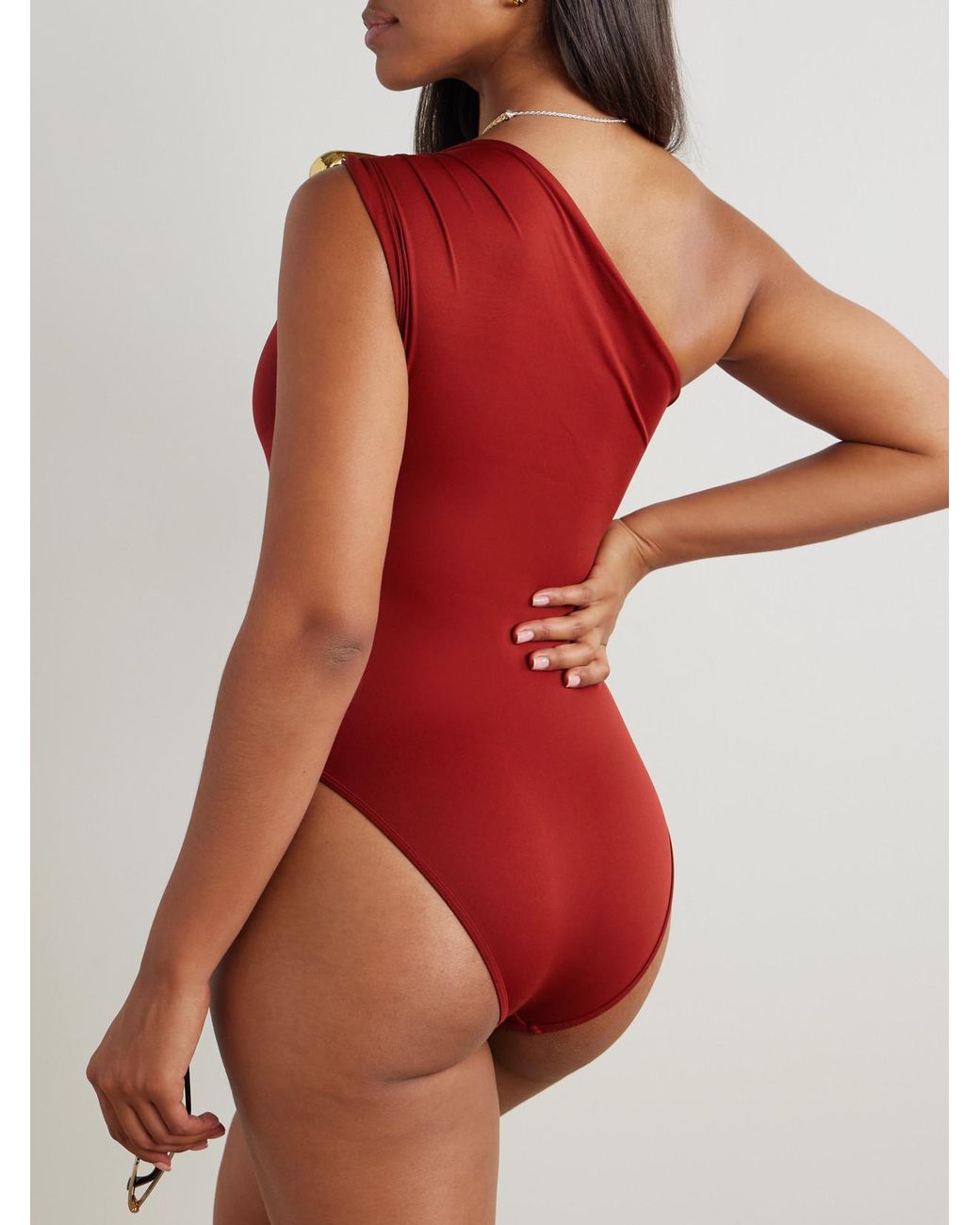 Bottega Veneta Red One-Shoulder Embellished Swimsuit