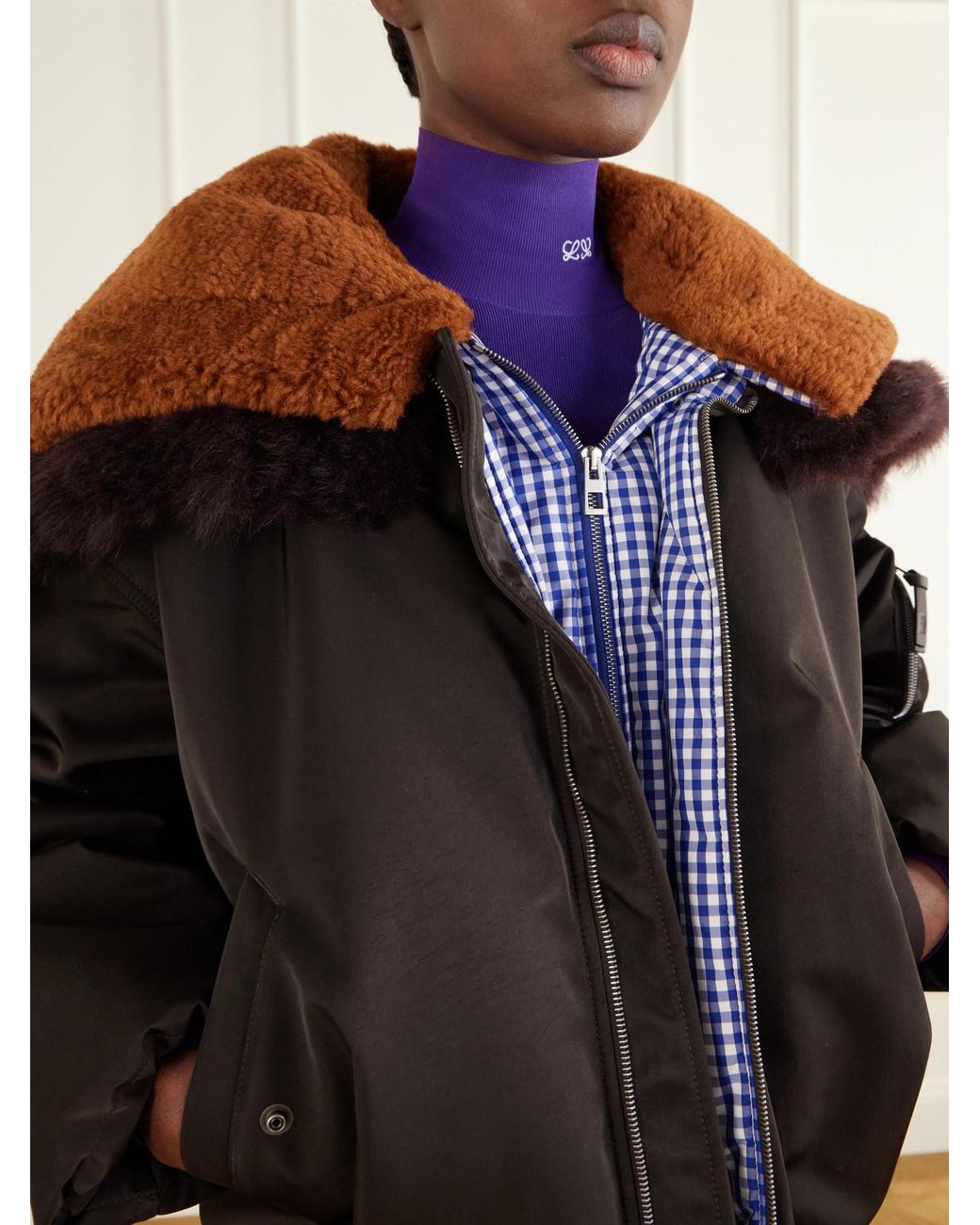 Loewe Black Gathered Shearling And Twill-Trimmed Shell Bomber Jacket