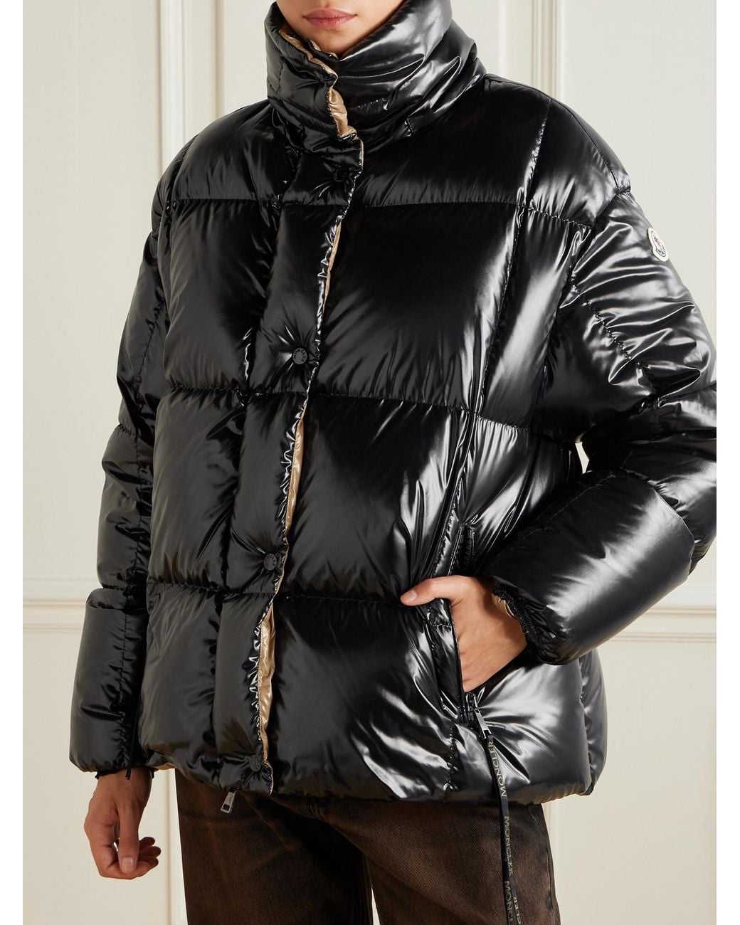 Moncler Black Hooded Quilted Glossed-Shell Down Jacket