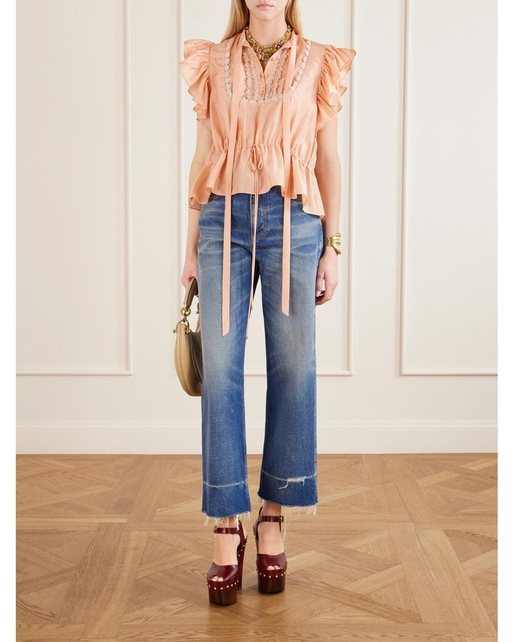 Chloé Pink Ruffled Lace-Trimmed Silk-Habotai Blouse