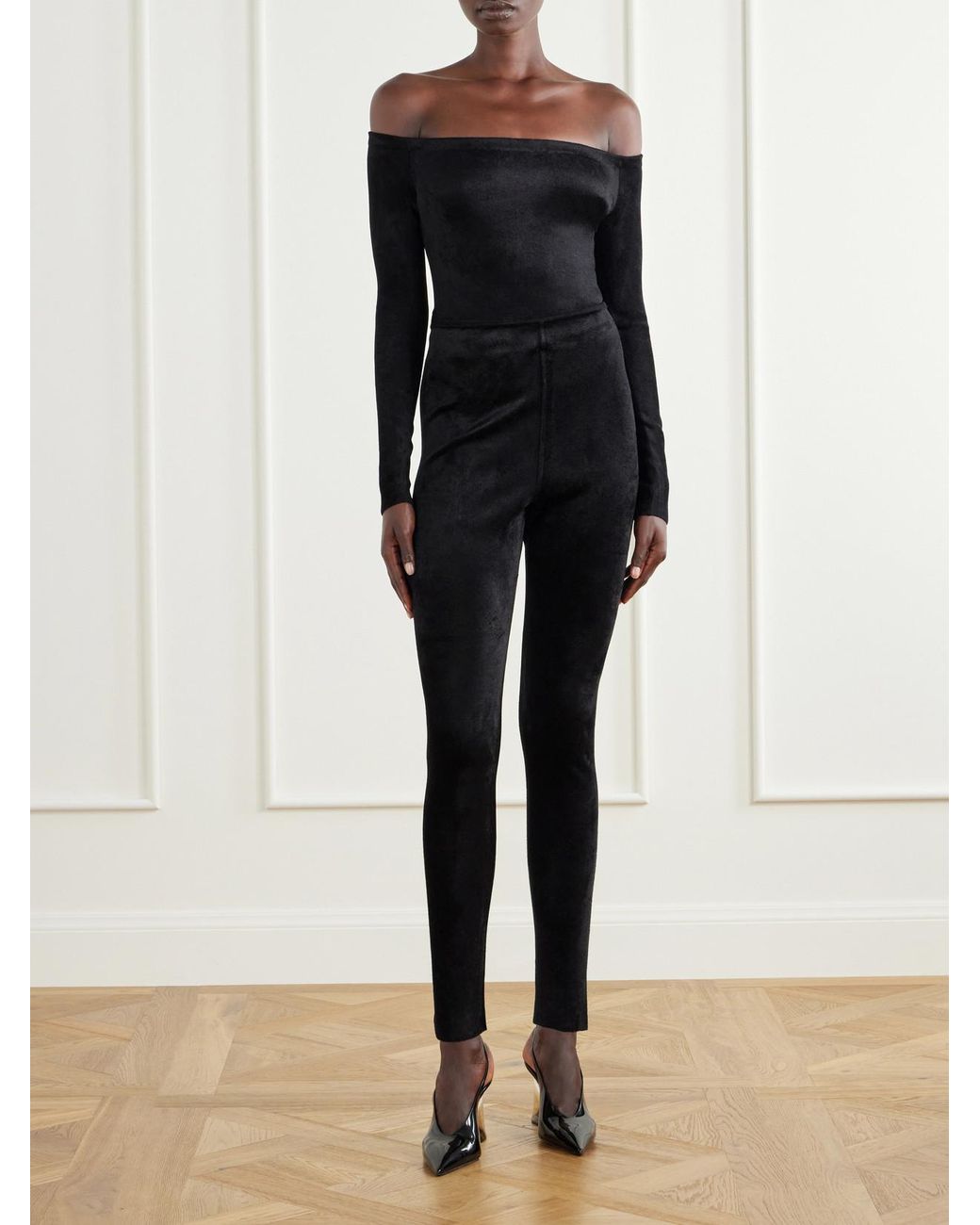 Alaïa Black Off-The-Shoulder Velvet Bodysuit