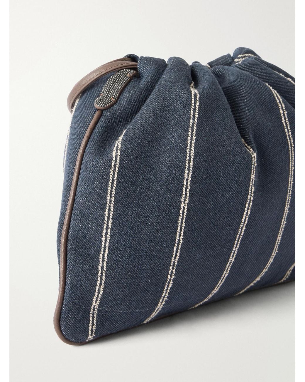 Brunello Cucinelli Blue Pinstriped Leather-Trimmed Denim Shoulder Bag
