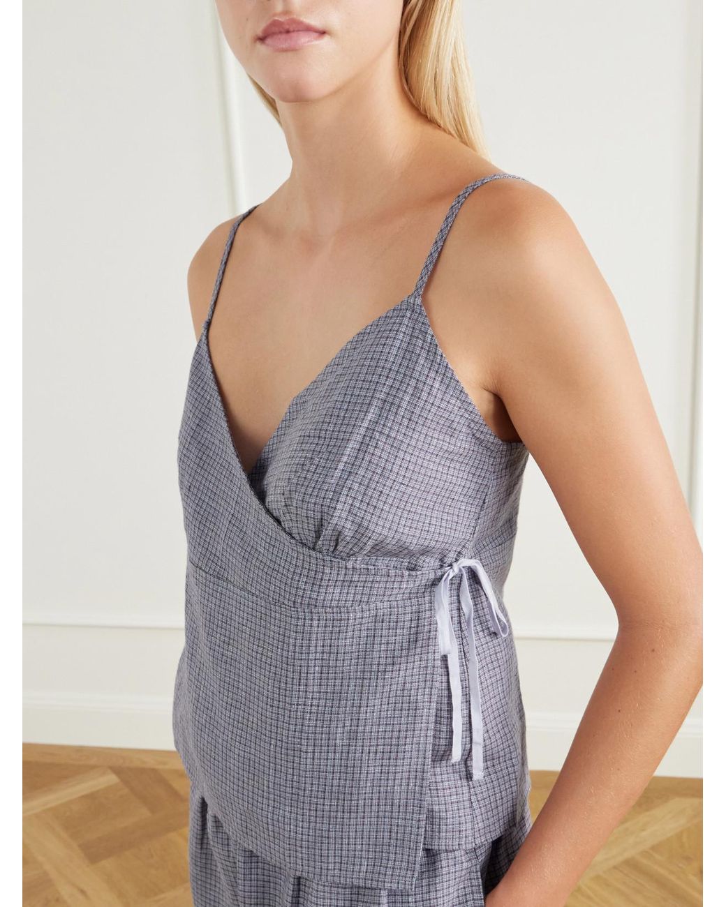 Deiji Studios Purple Wrapping Micro-Check Linen Top