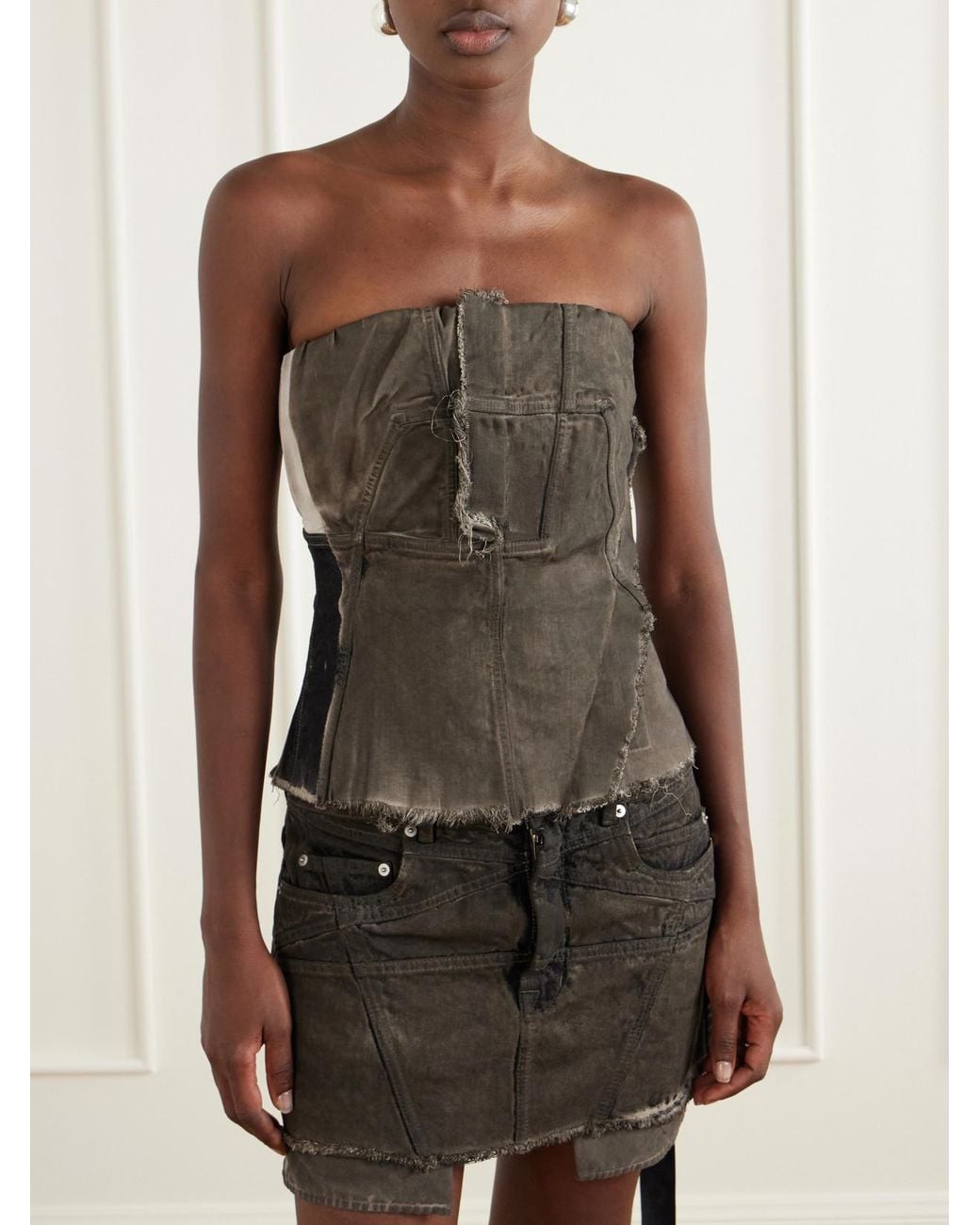 Rick Owens Green Drkshdw Paneled Frayed Stretch-Denim Top