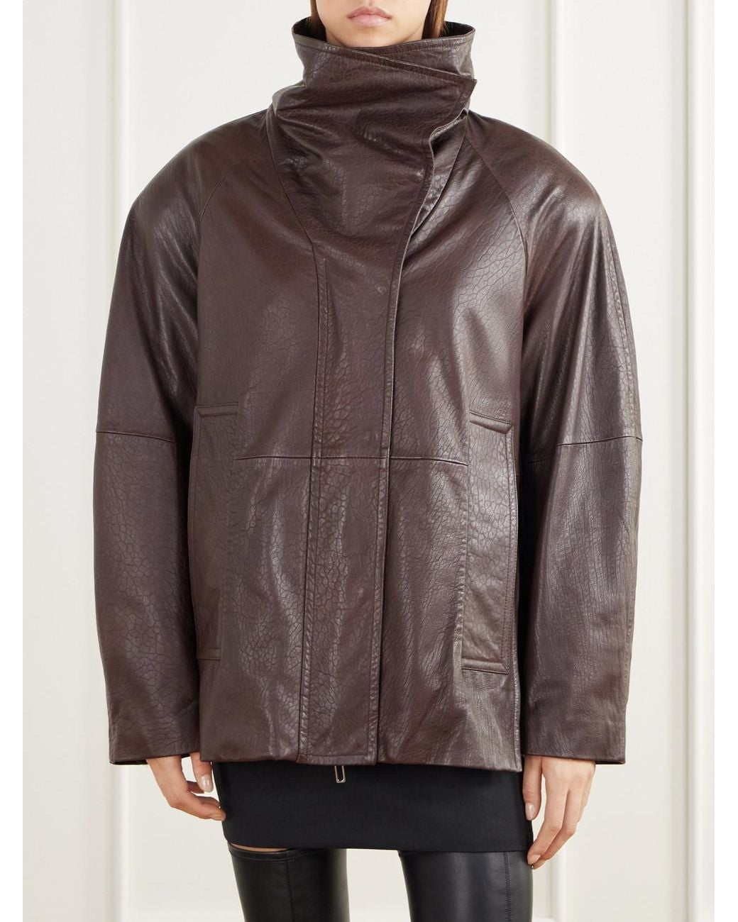 Sportmax Brown Salaggio Funnel-Neck Paneled Hammered And Glossed Leather Jacket