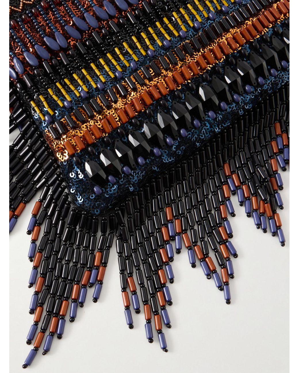 Etro Black Kalispera Fringed Bead-Embellished Leather-Trimmed Sequined Drawstring Bag