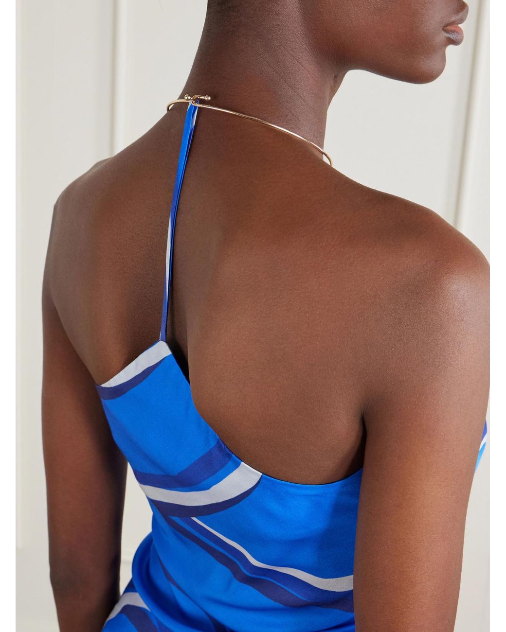 Themis Z Blue Elysia Asymmetric Printed Silk-Blend Satin Top
