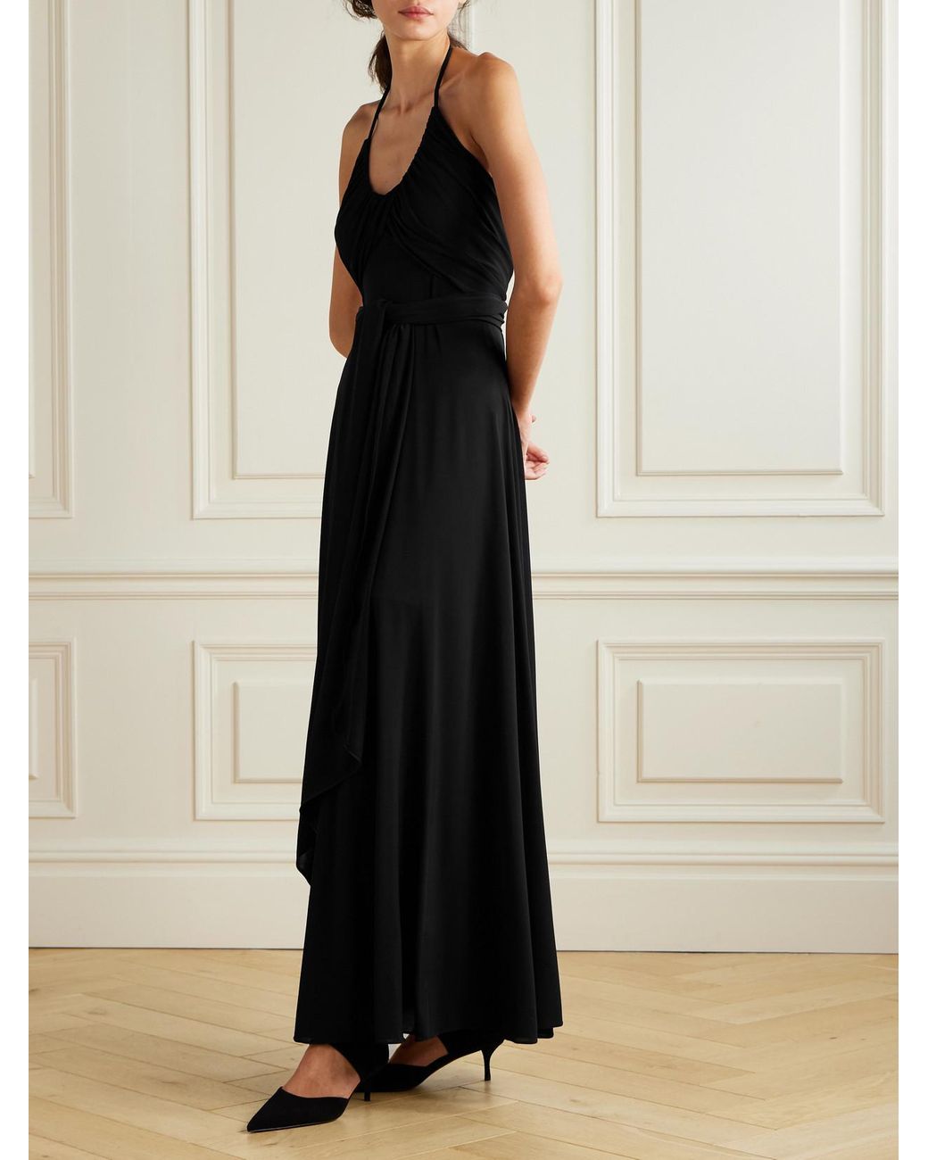 Alaïa Black Belted Gathered Jersey Halterneck Maxi Dress