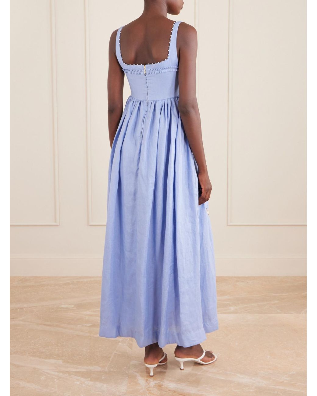 Agua Bendita Blue Barbara Navegante Embellished Appliquéd Linen Maxi Dress