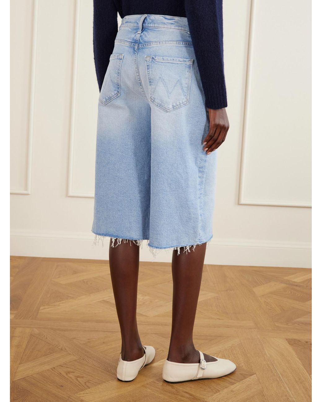 Mother Blue The Whole Lot Zip Fray Low-Rise Wide-Leg Denim Shorts