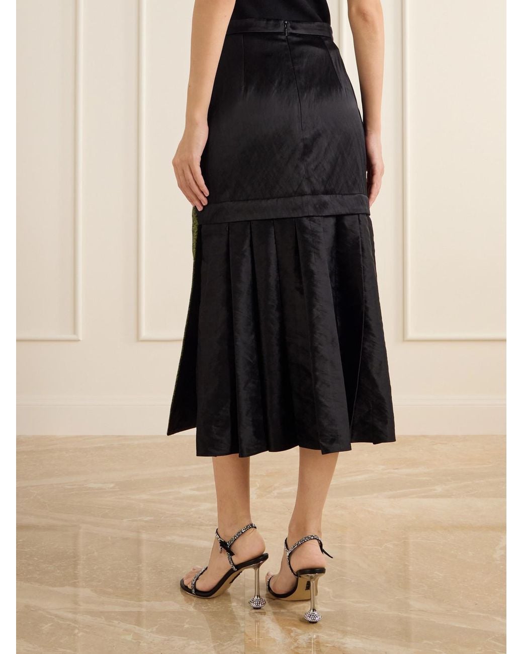 Erdem Green Embellished Floral-Embroidered Pleated Satin And Twill Midi Skirt