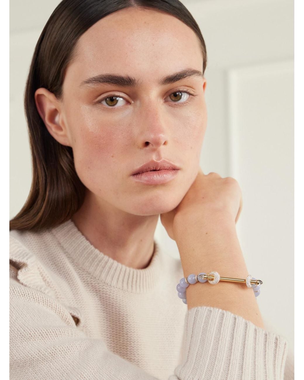 ANANYA Metallic 18-Karat, Chalcedony, Quartz And Diamond Beaded Bracelet