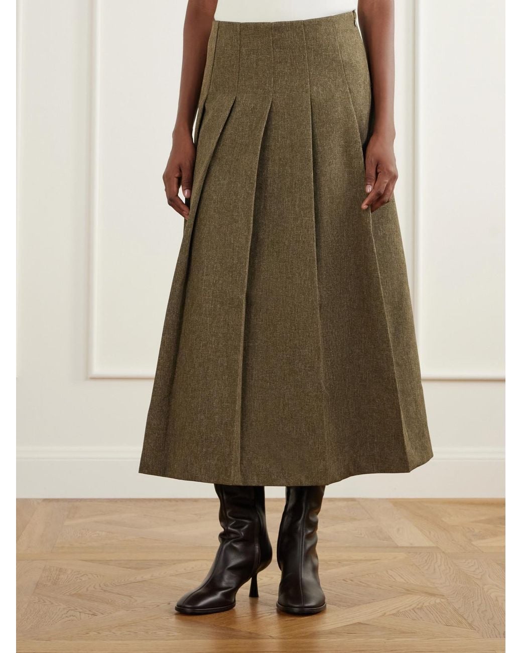 Rohe Green Pleated Grain De Poudre Midi Skirt