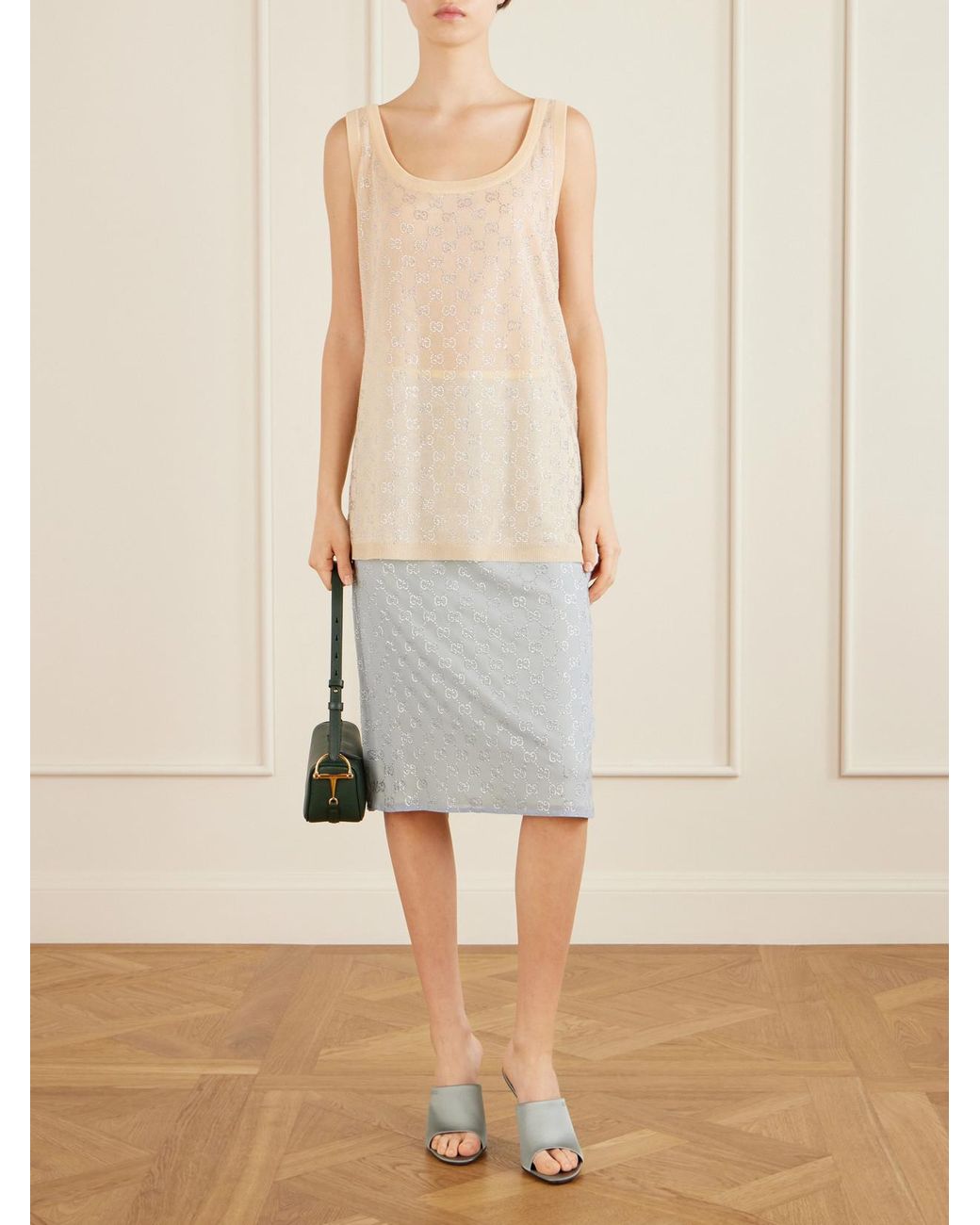 Gucci White Crystal-Embellished Silk-Blend Midi Skirt