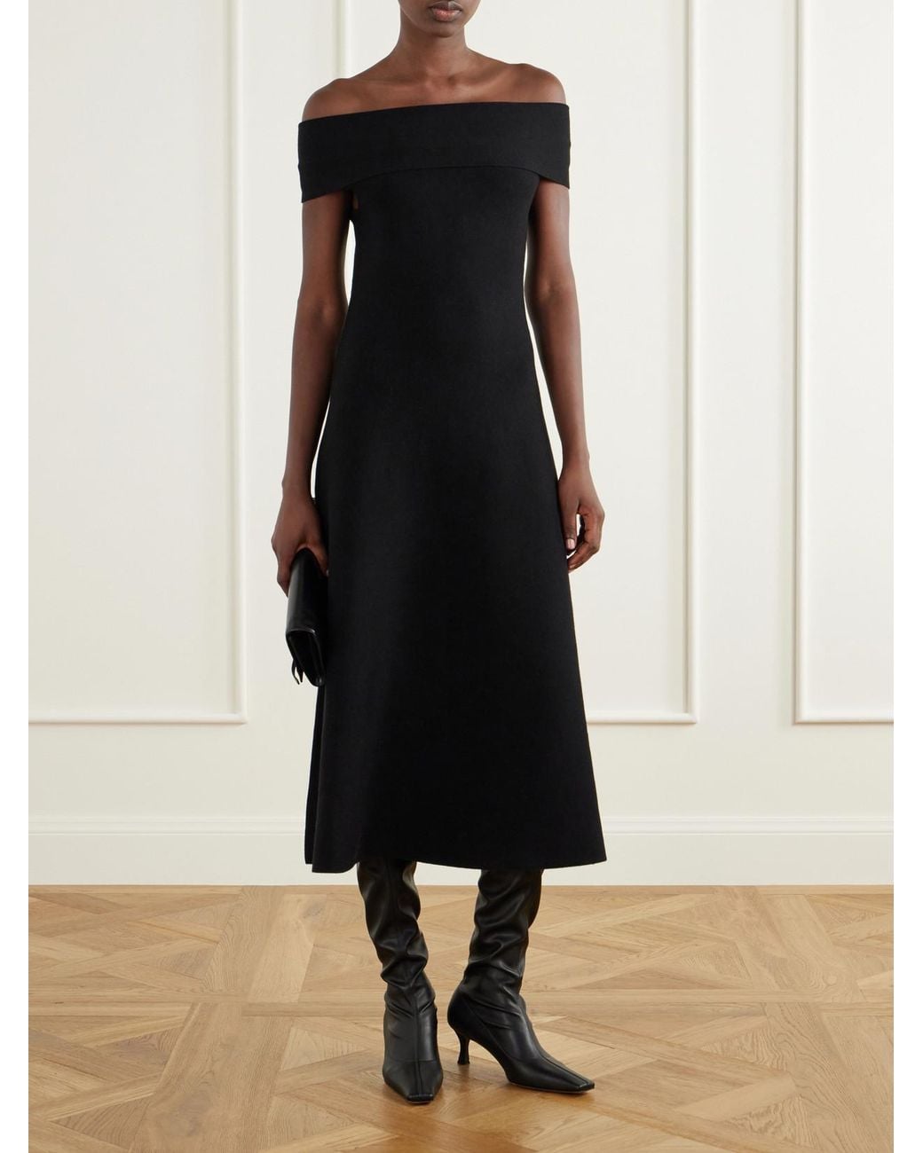 Jonathan Simkhai Black Camilla Wool Off-The-Shoulder Midi Dress