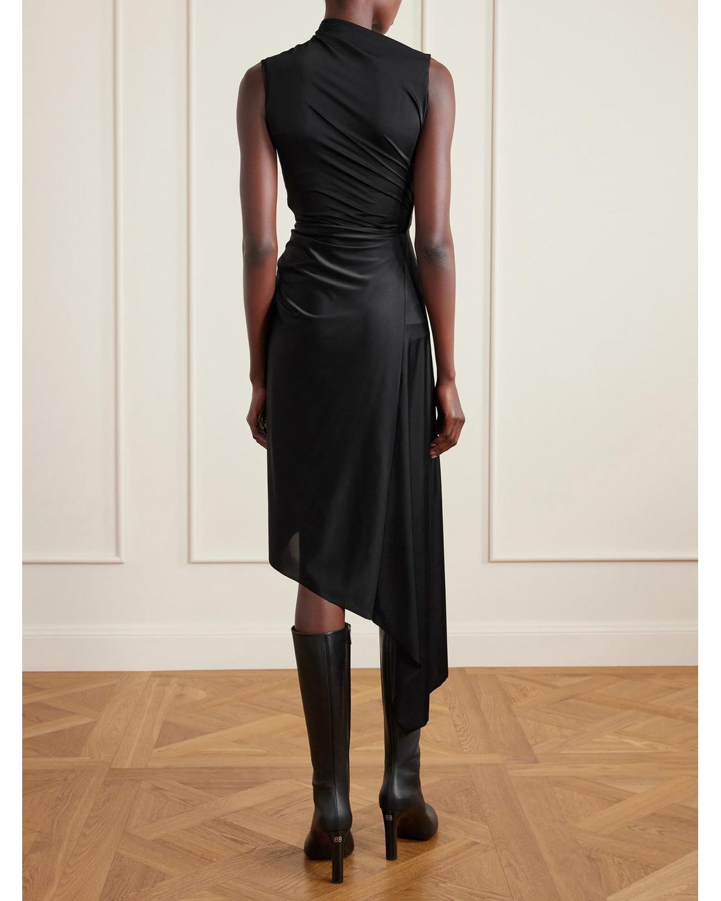 Balenciaga Black Asymmetric Draped Knotted Satin-Jersey Dress