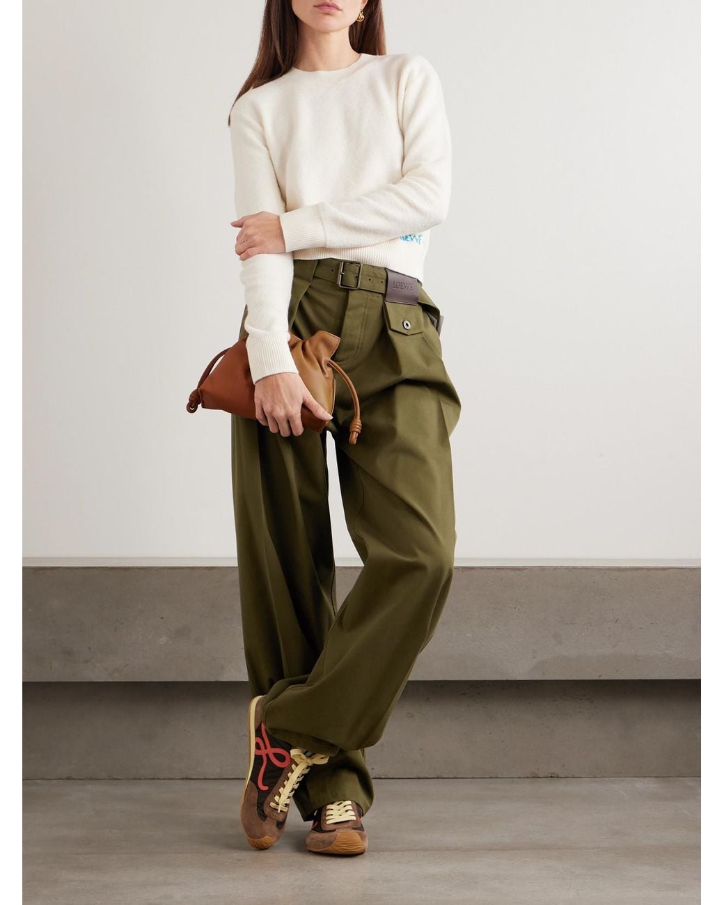 Loewe Green Belted Leather-Trimmed Pleated Cotton And Silk-Blend Pants