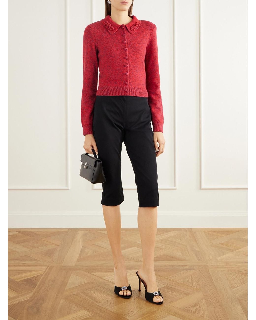 Self-Portrait Red Bead-Embellished Cropped Knitted Cardigan