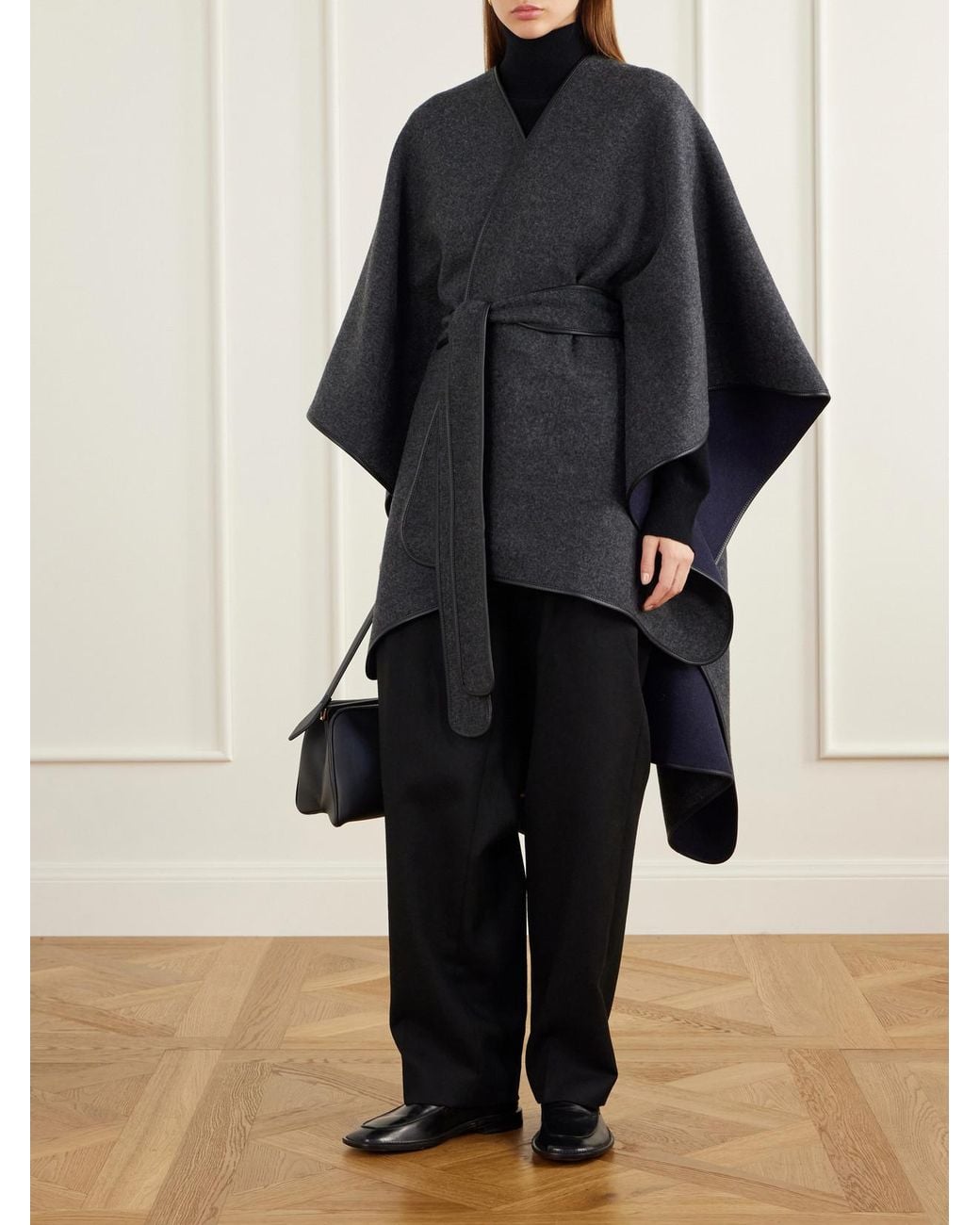 Johnstons Black Dalry Belted Leather-Trimmed Two-Tone Wool And Cashmere-Blend Cape