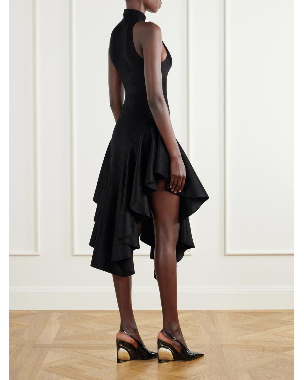 Alaïa Black Asymmetric Ruffled Velvet Turtleneck Midi Dress
