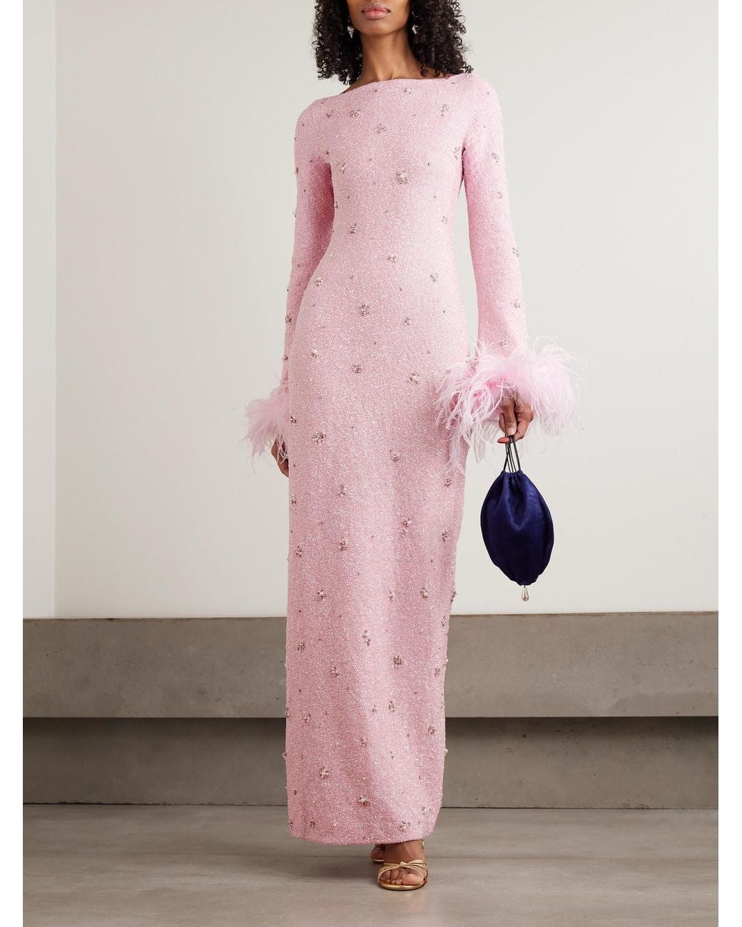 Clio Peppiatt Pink Mae Feather-Trimmed Embellished Stretch-Mesh Gown