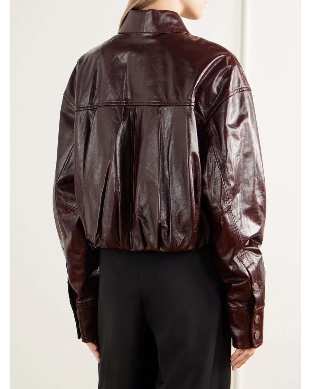 Sportmax Brown Liuti Cropped Gathered Leather Biker Jacket