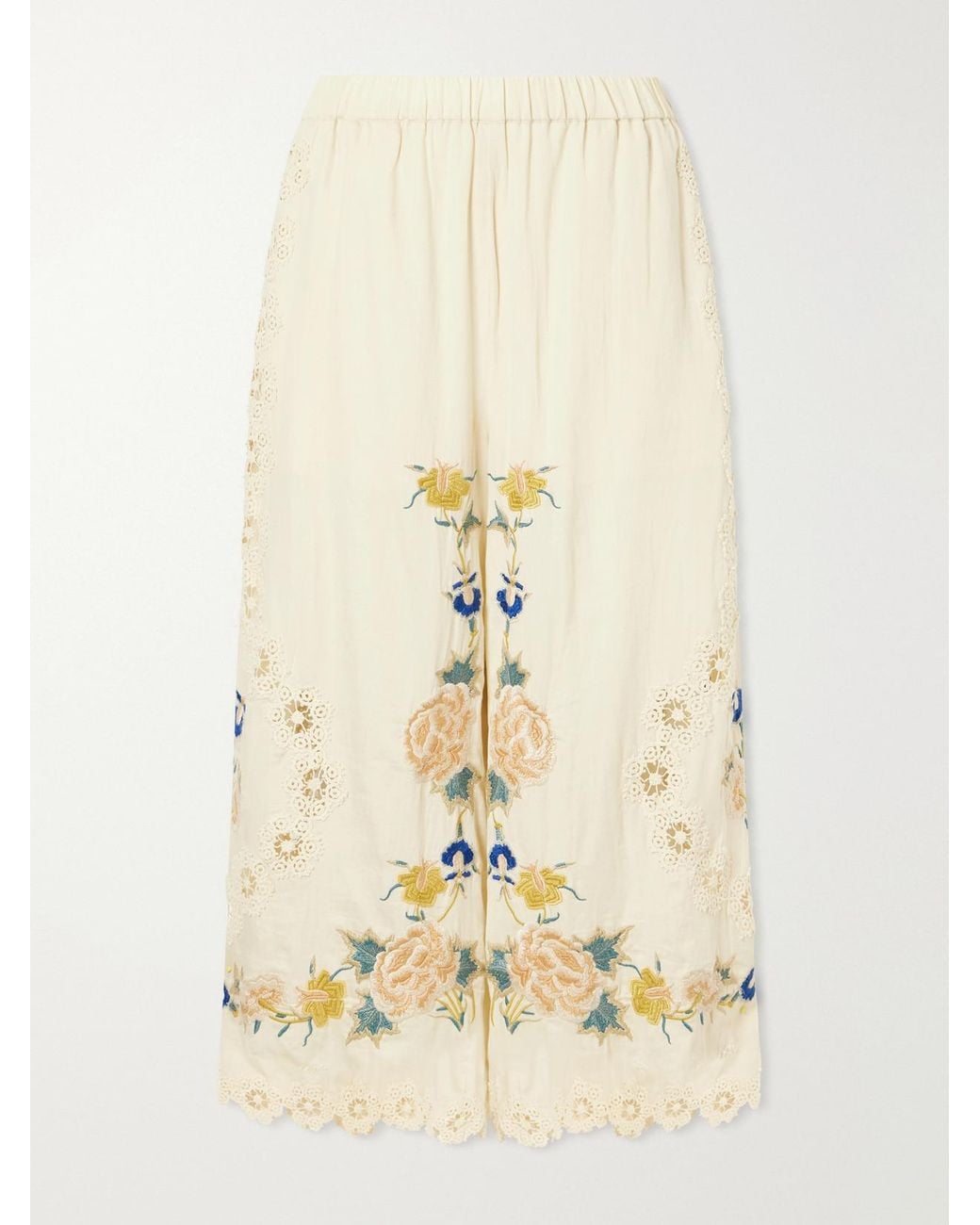 Sea Natural Addona Floral-Embroidered Broderie Anglaise-Trimmed Cotton Wide-Leg Pants