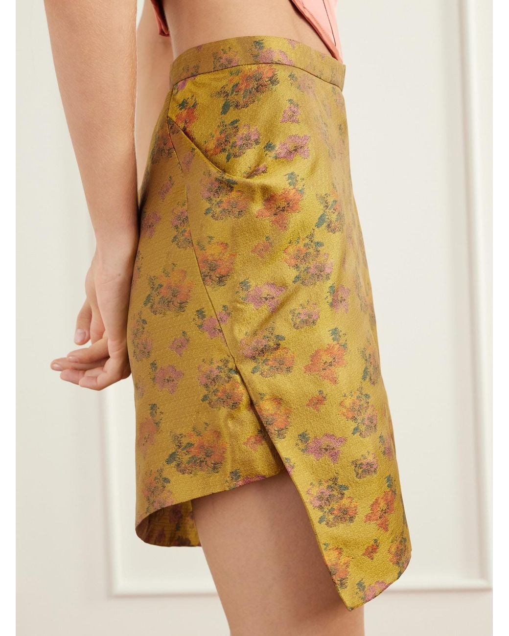 Vivienne Westwood Yellow Infinity Asymmetric Wrap-Effect Floral-Jacquard Duchess-Silk Mini Skirt