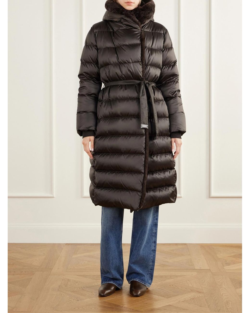 Max Mara Gray Medusa Hooded Belted Quilted Plush-Trimmed Shell Down Coat