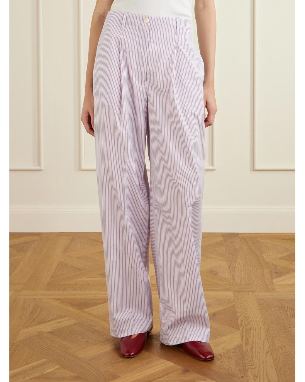 RÙADH Pink Dean Pleated Striped Organic Cotton-Poplin Wide-Leg Pants